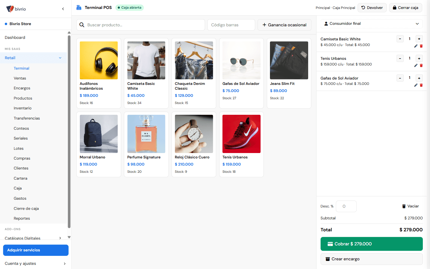 Terminal de punto de venta de Bivrio con búsqueda de productos y carrito